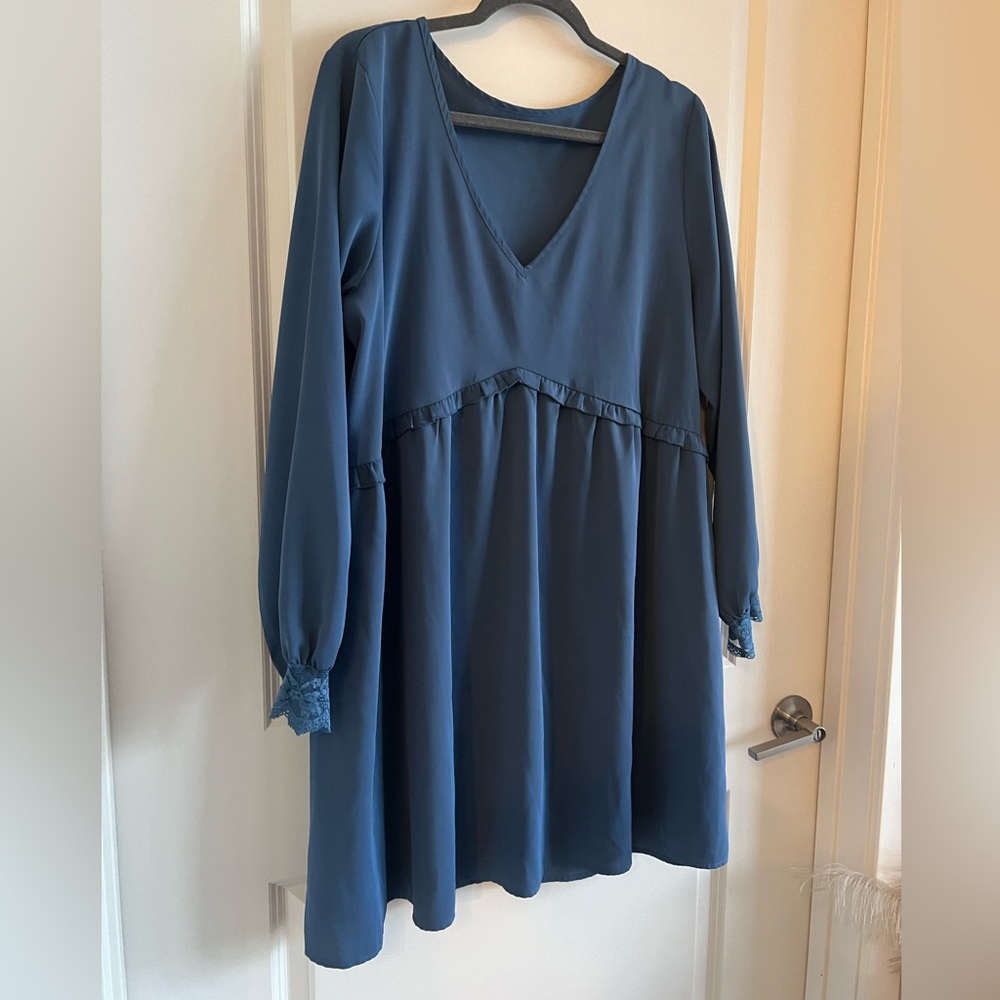 Shein Blue Aline Tiered Dress with Long Sleeves and Lace Wrist